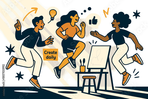 Creative Studio Vibes. Studio workspace. Sunlight rakes across a tidy desk with brushes in a jar; sticky notes spell ?Create daily?. A stool waits beside a