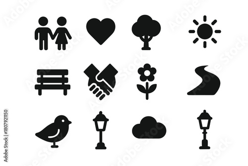 Romantic Stroll Icons. Romantic walk. Solid icon set of romantic walk: couple, heart, park, tree, sun, bench, hand holding, flower, path, bird, lamp, cloud.