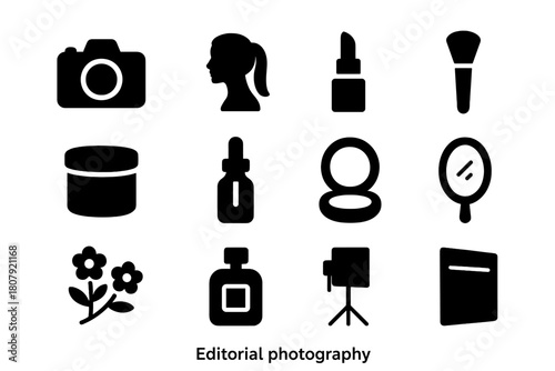 Editorial Photography Icons. Editorial Photography. Solid icon set of Editorial Photography: camera, model silhouette, lipstick, makeup brush, face cream,