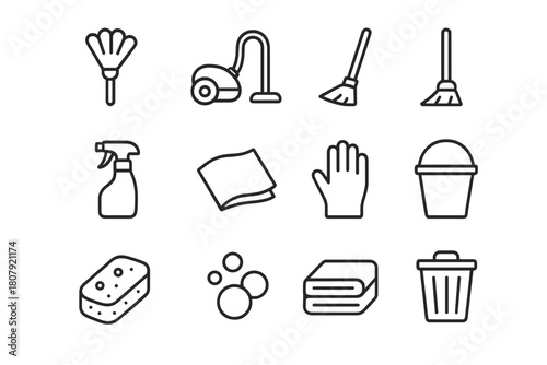 Home Cleaning Icons. Home Cleaning. Line icon set of Home Cleaning: duster, vacuum, broom, mop, spray bottle, cleaning cloth, hand glove, bucket, sponge, soap