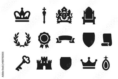 Royal Icons Collection. Royal symbols. Solid icon set of Royal symbols: crown, scepter, coat of arms, throne, laurel wreath, royal seal, ribbon banner, crest