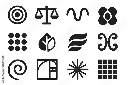 Visual Harmony Icons. Visual Harmony. Solid icon set of Visual Harmony: concentric circles, balanced scale, wave symmetry, overlapping forms, repeating