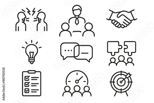 Conflict Resolution Icons. Conflict Resolution. Line icon set of Conflict Resolution: handshake, dove, heart, flag, scale, document, peace symbol, olive