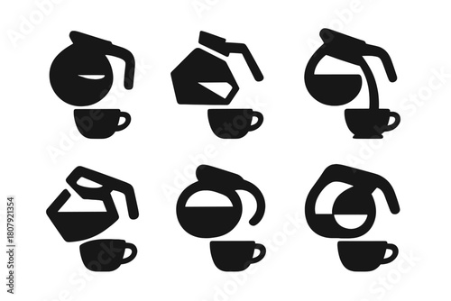 Coffee Pot Icons. Preparing a warm drink. Icon set. Set Logo of Coffee Pot: Pouring hot coffee. Stylized detail, Iconic shape, Minimal outline,