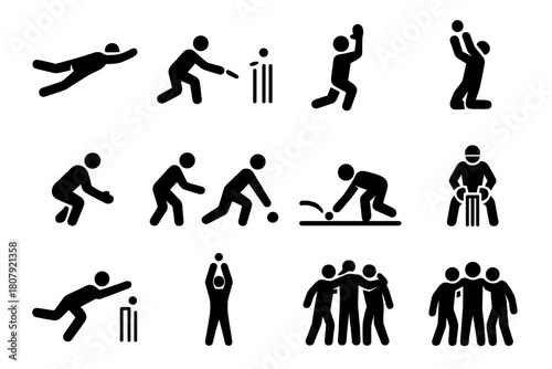 Fielding Actions Icons. Fielding Actions. Solid icon set of Fielding Actions: dive save, direct hit, run out, catch, slip catch, relay throw, boundary stop,