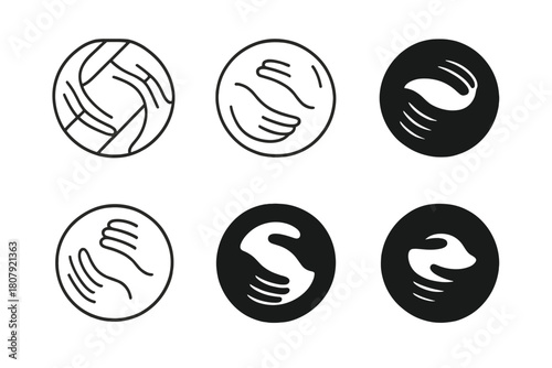Warm Hug Logos. Warm hug. Icon set. Set Logo of Warm Hug: stylized heart formed by intertwined arms. harmonious logo variations of the same emblematic concept,