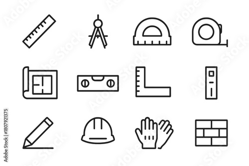 Construction Tool Icons. Construction and Measurement. Line icon set of Construction and Measurement: ruler, compass, protractor, measuring tape, blueprint,