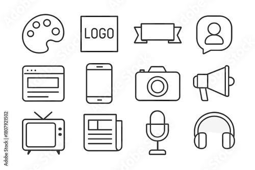 Branding Toolkit Icons. Branding toolkit. Line icon set of Branding toolkit: paint palette, logo, banner, social media icon, website, smartphone, camera,
