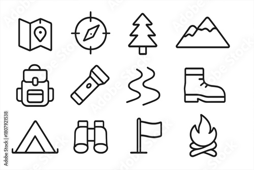 Outdoor Exploration Icons. Outdoor exploration. Line icon set of outdoor exploration: map, compass, tree, mountain, backpack, flashlight, river, boot, tent,