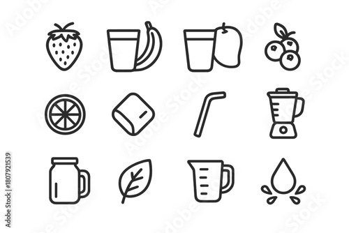 Fruit Smoothie Icons. Fruit smoothies. Line icon set of fruit smoothies: strawberry, banana, mango, blueberry, orange slice, ice cube, straw, blender, mason