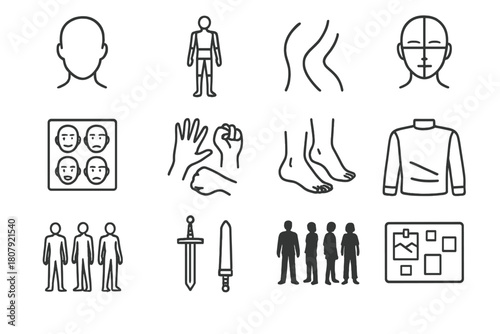 Character Icon Set. Character concept sketch. Line icon set of character concept sketch: head silhouette, pose mannequin, gesture lines, facial guidelines,