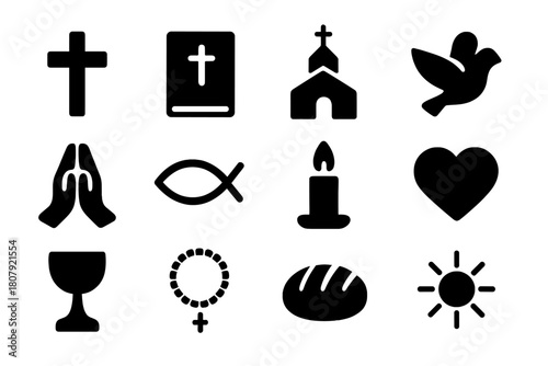 Christian Icon Set. Christian faith. Solid icon set of Christian faith: cross, bible, church, dove, praying hands, fish symbol, candle, heart, chalice, rosary,