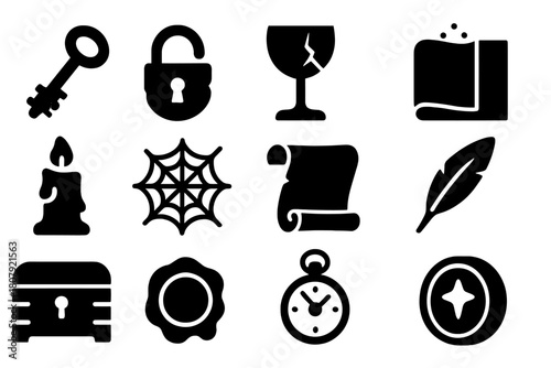 Forgotten Objects Icons. Forgotten Objects. Solid icon set of Forgotten Objects: rusty key, old lock, cracked glass, dusty book, candle stub, cobweb, scroll,