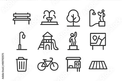 Public Space Icons. Public Spaces. Line icon set of Public Spaces: park bench, fountain, tree, walking path, streetlight, playground, sculpture, map sign,