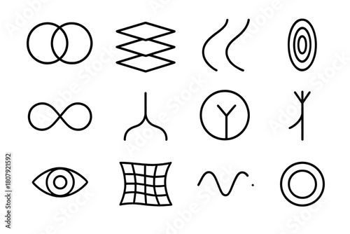 Multiverse Theory Icons. Multiverse theory. Line icon set of multiverse theory: overlapping spheres, dimensional layers, parallel paths, portal, infinity loop,