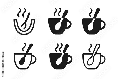 Spoon Stirring Icons. Preparing a warm drink. Icon set. Set Logo of Spoon: Stirring beverage. Abstract geometric, Filled silhouette, Flat solid, Minimal