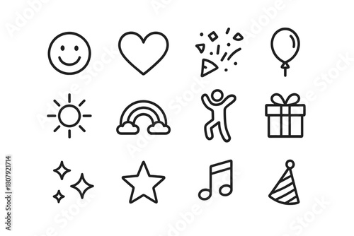 Joyful Icon Set. Joy. Line icon set of joy: smiling face, heart, confetti, balloon, sun, gift box, party hat, rainbow, sparkles, dancing person, star, music