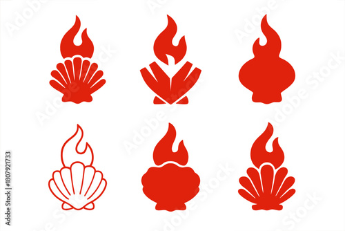 Spicy Seafood Logos. Spicy seafood. Icon set. Set Logo of Spicy Seafood: lobster with heat wave accents. harmonious logo variations of the same emblematic
