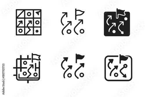 Strategic Game Icons. Engaging in a strategy game. Icon set. Set Logo of engaging in a strategy game: hex tile map with resource symbols. harmonious logo