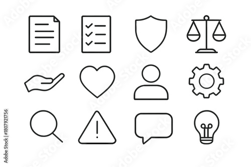 Ethical Icons Set. Ethical decision making. Line icon set of Ethical decision making: scale, hand, checklist, shield, heart, document, magnifying glass, user