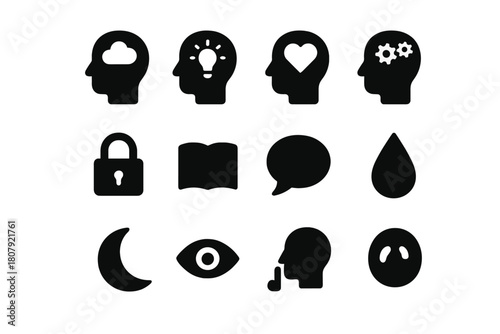 Inner Thoughts Icons. Inner thoughts. Line icon set of inner thoughts: head silhouette, thought bubble, cloud, heart, journal, key, lock, moon, stars, candle,