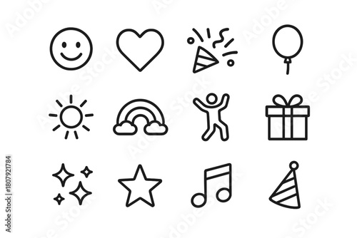 Joyful Icon Set. Joy. Line icon set of joy: smiling face, heart, confetti, balloon, sun, gift box, party hat, rainbow, sparkles, dancing person, star, music