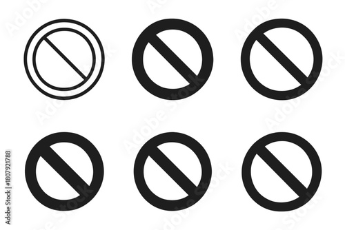 No Entry Icons. Restrictions. Icon set. Set Logo of No Entry: Circle with diagonal line. Minimal outline, Filled silhouette, Abstract geometric, Negative