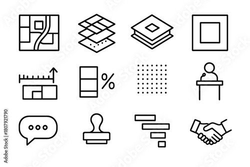 Urban Planning Icons. Urban expansion planning. Line icon set of Urban expansion planning: skyscraper, apartment building, road, bridge, house, construction