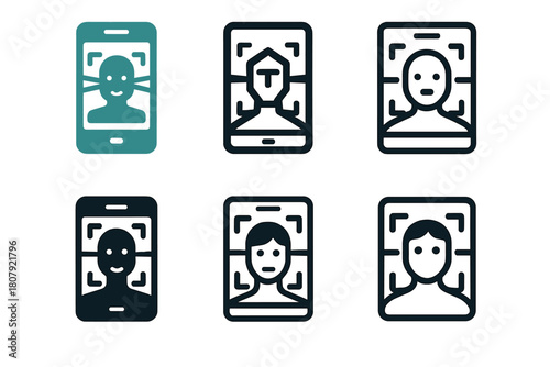 Facial Recognition Logos. Facial recognition. Icon set. Set Logo of facial recognition: camera lens with face aperture motif. harmonious logo variations of the