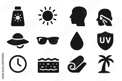 Sunscreen Icon Collection. Applying sunscreen. Solid icon set of Applying sunscreen: sunscreen bottle, sun icon, face silhouette, hand applying lotion, beach