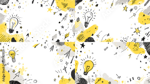 Energetic corner illustrations featuring lightbulbs arrows stars and abstract shapes in yellow and black. Ideal for creativity themes brainstorming promotions and modern graphic layouts.