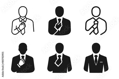 Elegant Suit Logos. Wearing suit. Icon set. Set Logo of wearing suit: male silhouette adjusting tie in formal attire. harmonious logo variations of the same