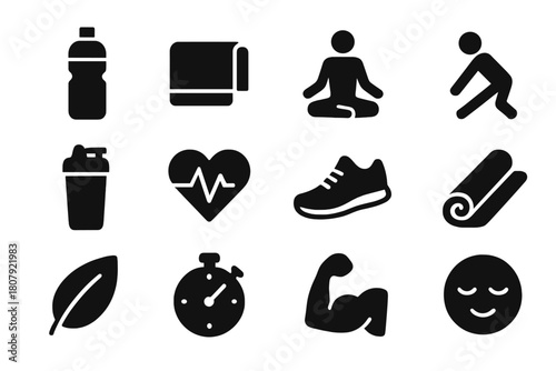 Post-Run Recovery Icons. Post-run recovery. Solid icon set of Post-run recovery: water bottle, towel, yoga pose, stretching person, protein shake, heart pulse,