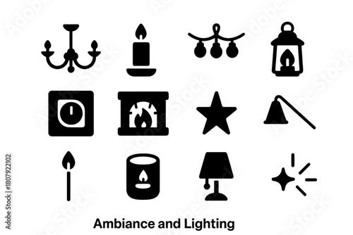 Ambiance and Lighting Icons. Ambiance and Lighting. Solid icon set of Ambiance and Lighting: chandelier, candle, fairy lights, lantern, dimmer