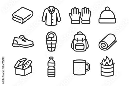 Homeless Essentials Icons. Homeless essentials. Line icon set of homeless essentials: blanket, coat, gloves, hat, shoes, sleeping bag, backpack, mat, food box,