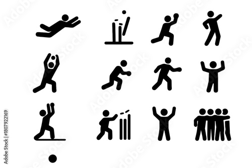 Fielding Actions Icons. Fielding Actions. Solid icon set of Fielding Actions: dive save, direct hit, run out, catch, slip catch, relay throw, boundary stop,