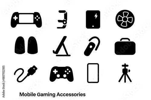 Mobile Gaming Icons. Mobile Gaming Accessories. Solid icon set of Mobile Gaming Accessories: phone controller, clip mount, power bank, cooling fan, thumb