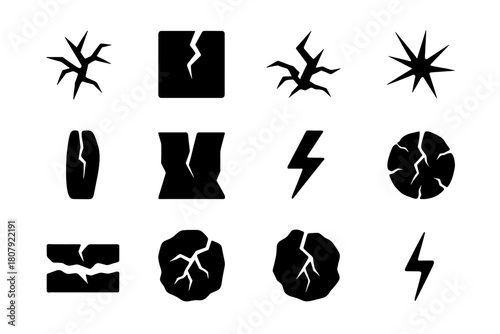 Cracked Surface Icons. Cracked surface. Solid icon set of Cracked surface: fissure, broken wall, fracture, crack in glass, split wood, chasm, lightning bolt,
