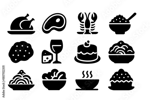 Elegant Icon Feast. Rich Dishes. Solid icon set of Rich Dishes: roasted turkey, steak, lobster, caviar, truffle, cheese platter, wine glass, chocolate cake,
