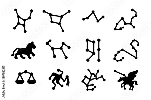 Zodiac Symbol Icons. Constellations. Solid icon set of Constellations: Orion, Ursa Major, Cassiopeia, Scorpius, Leo, Taurus, Gemini, Pisces, Libra, Aquarius,