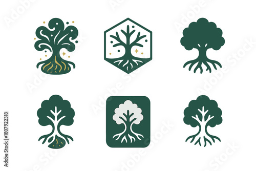 Magical Tree Icons. A magical tree that grants wishes in an ancient forest. Icon set. Set Logo of Magical Roots: Twisting roots glowing. Abstract geometric,