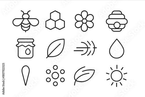 Buzz Icon Collection. Buzz. Line icon set of buzz: bee, honeycomb, flower, hive, honey jar, wing, leaf, buzzing lines, stinger, droplet, pollen grain, sun. All