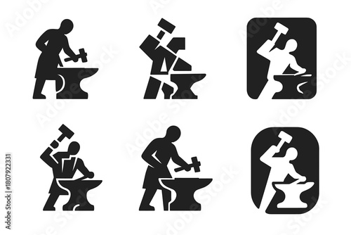 Blacksmith Emblem Set. Craftsmanship and manual labor in the arts. Icon set. Set Logo of Blacksmithing: forge hammer striking anvil. harmonious logo variations