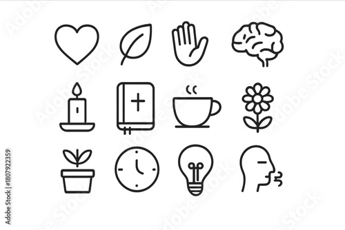Healing Icons Grid. Healing process. Line icon set of healing process: heart, leaf, hand, brain, candle, journal, cup, flower, plant, clock, light bulb, breath