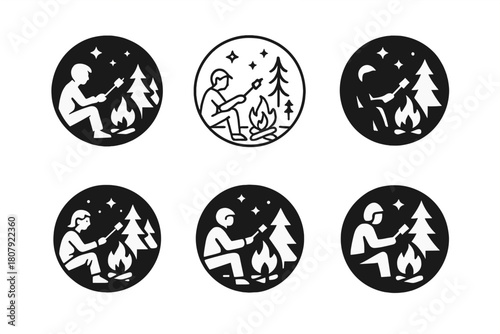Campfire Emblem Variations. A person sitting by a campfire in the woods, roasting marshmallows and telling stories. Icon set. Set Logo of A person sitting by a
