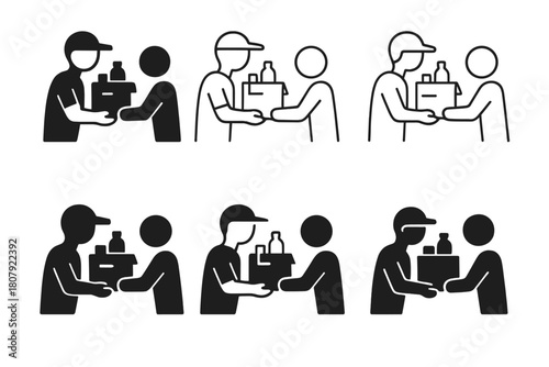 Volunteer Relief Icons. Volunteers distributing food and supplies in disaster areas. Icon set. Set Logo of Volunteers distributing food and supplies in