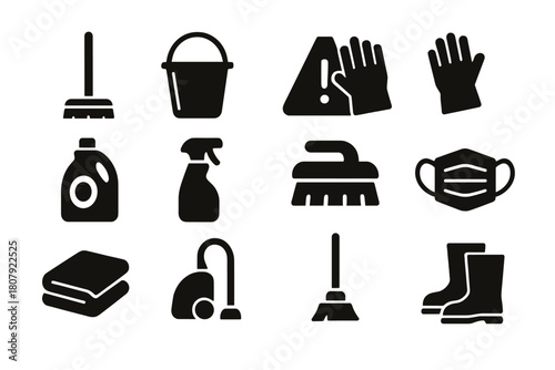 Industrial Cleaning Icons. Industrial cleaning. Solid icon set of industrial cleaning: mop, bucket, caution sign, gloves, detergent, spray bottle, brush, mask,