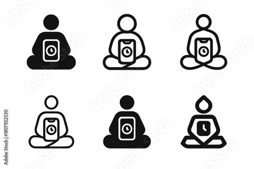 Meditation App Logos. using a meditation app. Icon set. Set Logo of using a meditation app: smartphone with tranquil landscape. harmonious logo variations of