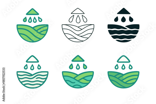 Eco Irrigation Icons. Eco-friendly irrigation. Icon set. Set Logo of eco-friendly irrigation: field grid with balanced moisture zones. harmonious