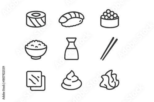 Japanese Cuisine Icons. Japanese cuisine. Line icon set of Japanese cuisine: sushi, nigiri, salmon roe, tobiko, masago, ikura, rice bowl, soy sauce bottle,